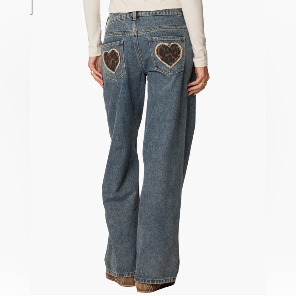 Edikted Leopard Heart Wide Leg Jeans Size Large 8